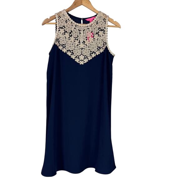 Lilly Pulitzer NWT Nala Soft Shift Dress True Navy Blue Size 4 Gold Floral Lace - Picture 3 of 12